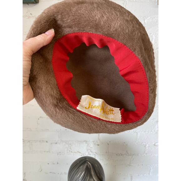 vintage 1960s fuzzy taupe wide brim hat jean arlett tuned up asymmetrical mod - Picture 7 of 7